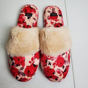Victoria's Secret Signature Satin Floral Slippers Faux Fur Pink Red Women M 7-8